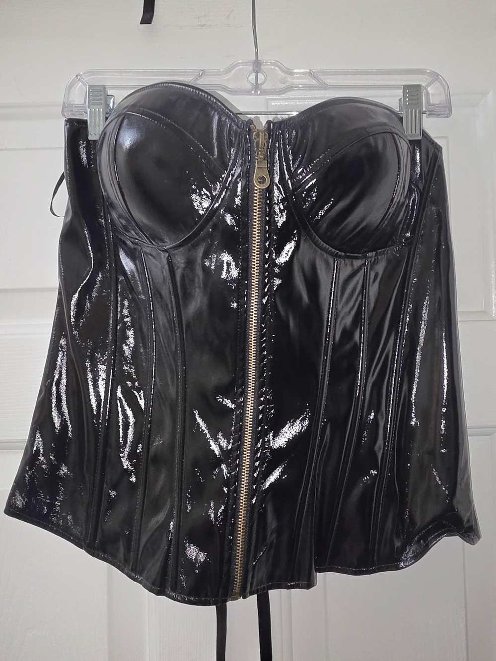 Fashion Nova Black Patent Front-Zip Corset Top